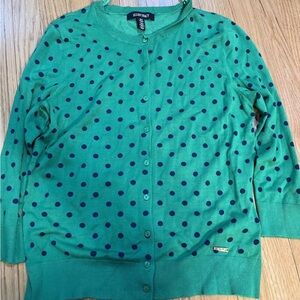 Ellen Tracy Cardigan Women M Green w/ Blue Polka Dots Sweater Long Sleeve